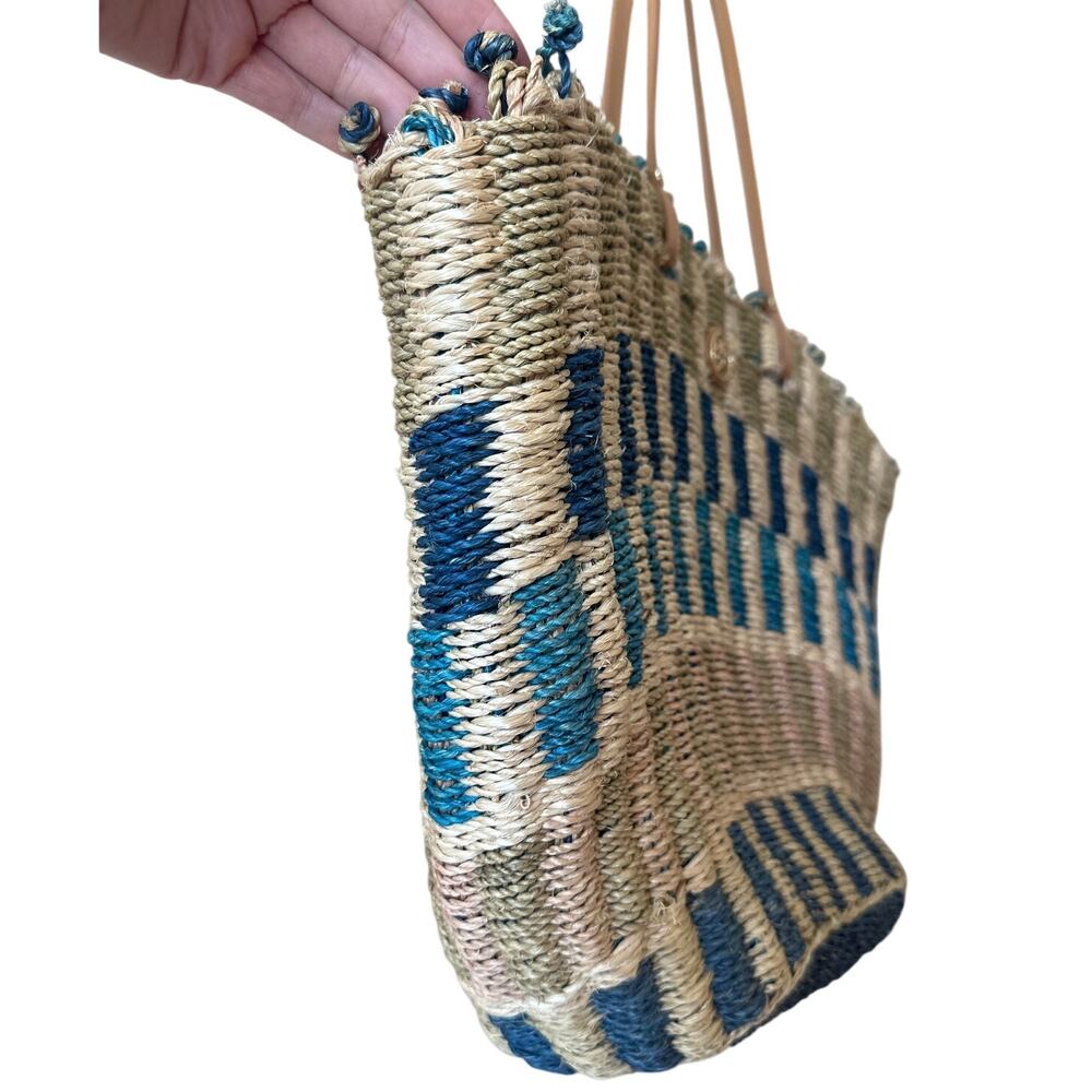 Tory Burch Ella Straw Tote Blue Striped Boho Beach Bag - Picture 4 of 10